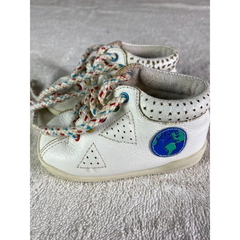 Vintage 1994 Playskool Baby Toddler Shoes Size 3 White Leather Earth Globe Laces